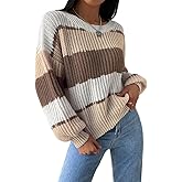 SKAYS Women's Colorblock Striped Sweater Casual Loose Round Neck Drop Shoulder Knitted Pullover