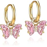 Mylthauris Pink Butterfly Huggie Earrings for Women Cubic Zirconia Charm Hoop Dangle Jewelry Gift