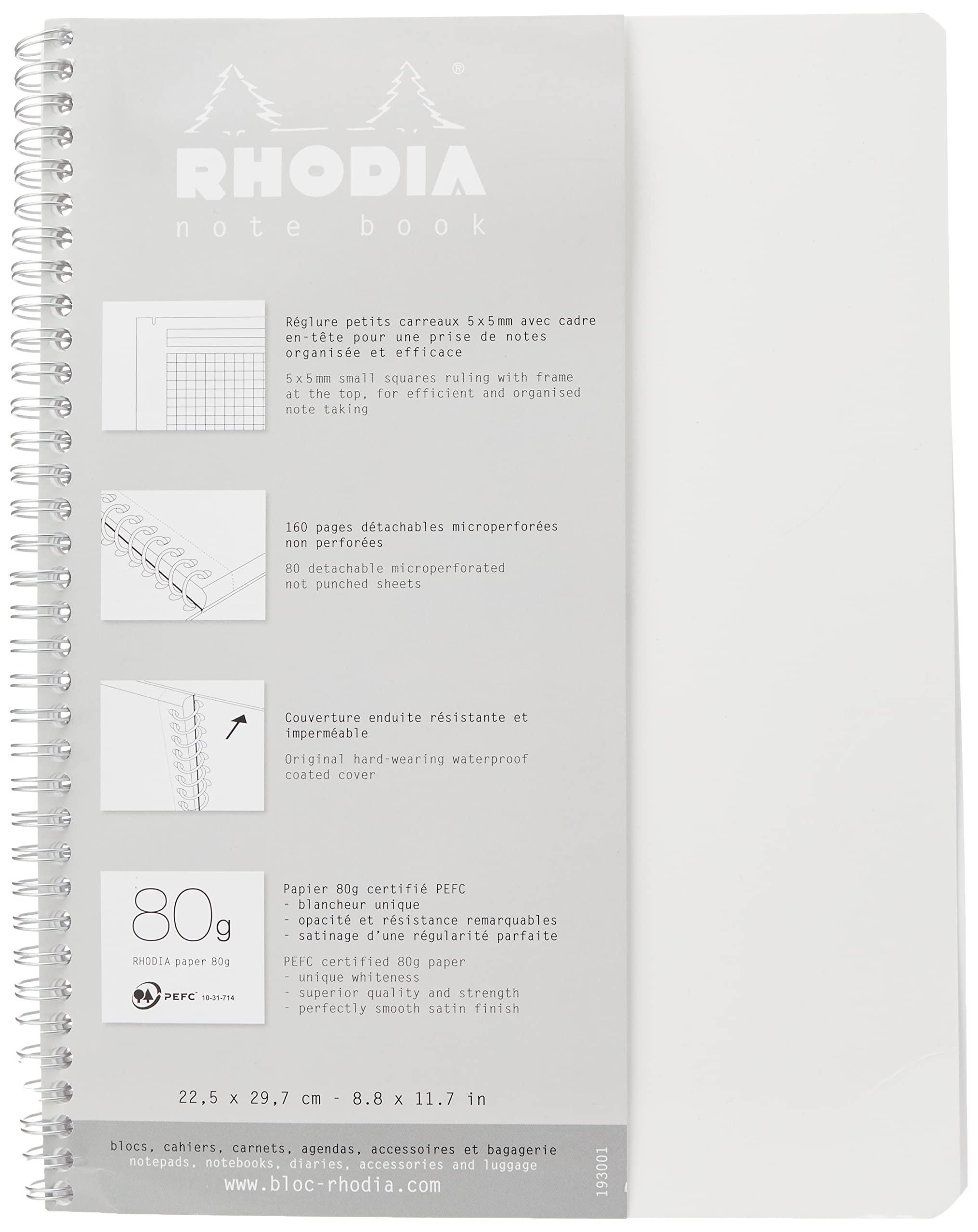 RHODIA 193001C - Spiral Notebook (Full Bound) White Notebook - A4+ - Small Squares - 160 Detachable Pages - White Clairefontaine Paper 80 g/m - Soft and Resistant Cover - Classic