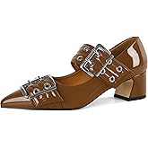 YODEKS Women Low Block Heel Pumps 2'' Heels Pointed Toe Metal Buckle Heels Size 6-12