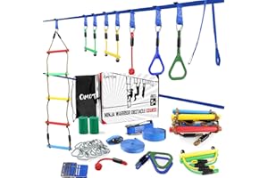OMOTIYA Ninja Warrior Obstacle Course for Kids, 2 x 50FT Double Weatherproof Slacklines for Backyard, 7 Accessories, Outside Playset Equipment Girls Boys, Ladder, Monkey Bars, Rings Plus Arm Trainer