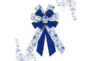 Blinket Large Spring Chinoiserie Blue Bow for Wreath, Spring Flowers Wreaths Bows& Tree Accents –Blue Burlap Wired Bows for Indoor/Outdoor Decoration, 11.42x20.87 Inch