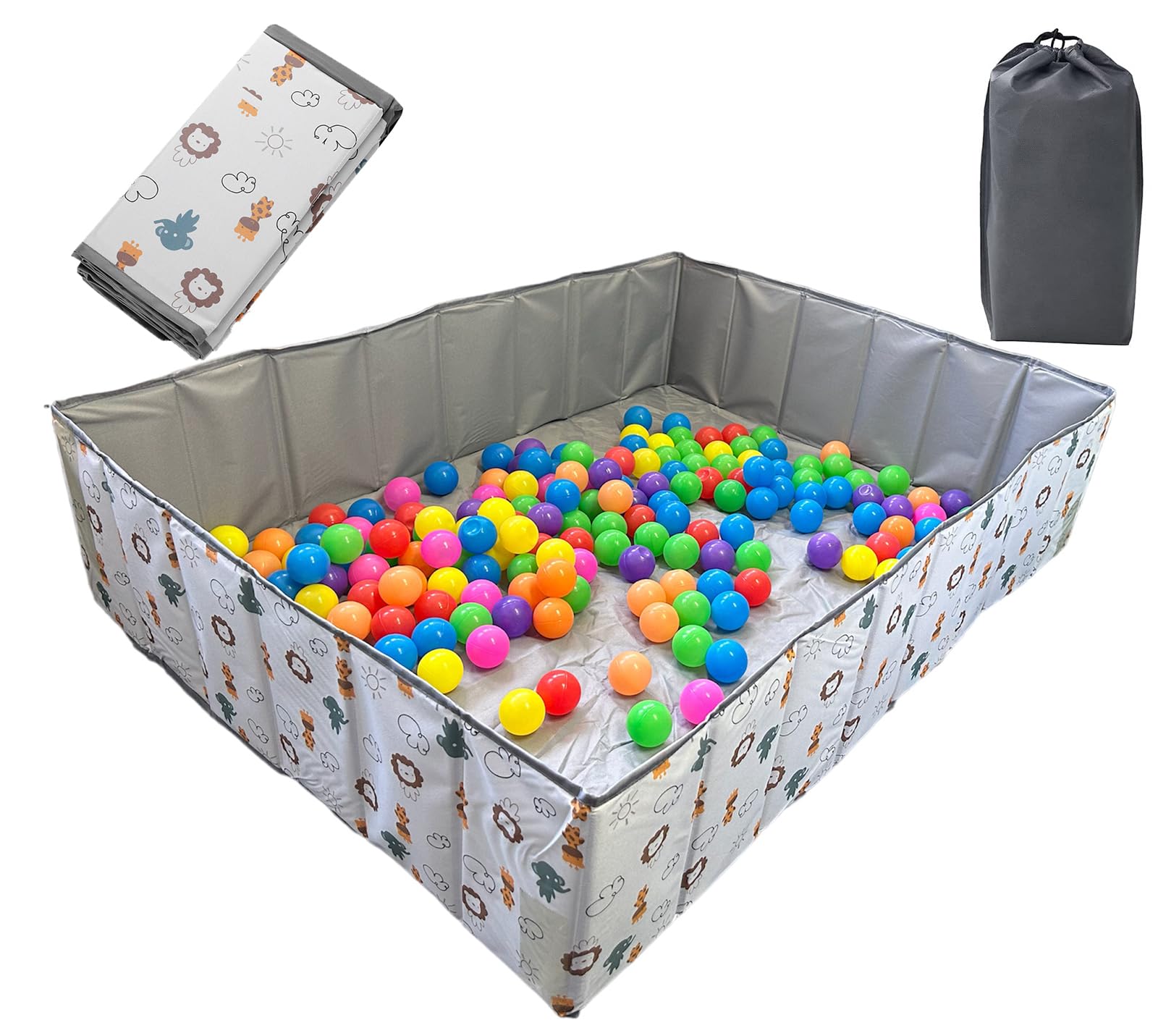 HB.YE Kids Ball Pit for Babies and Toddlers Ball Pool Foldable Playground for Children's Room Upgraded Play Yard Animal design Outdoor Indoor Rectangle (Grey)