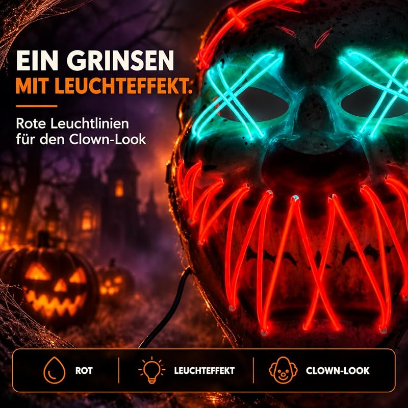 LED Halloween Clown Maske - wie aus Purge steuerbar, Gesicht leuchtend, für Halloween, Fasching & Karneval als Kostüm für Herren & Damen (Farbauswahl) (LED Horror Clown) — Foto 6 von 6