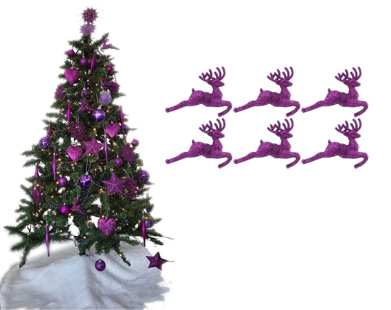 Pack of 6 - Hanging Glitter Reindeer Christmas Tree Decorations - 2.2cm x 9.5cm (Dark Purple)