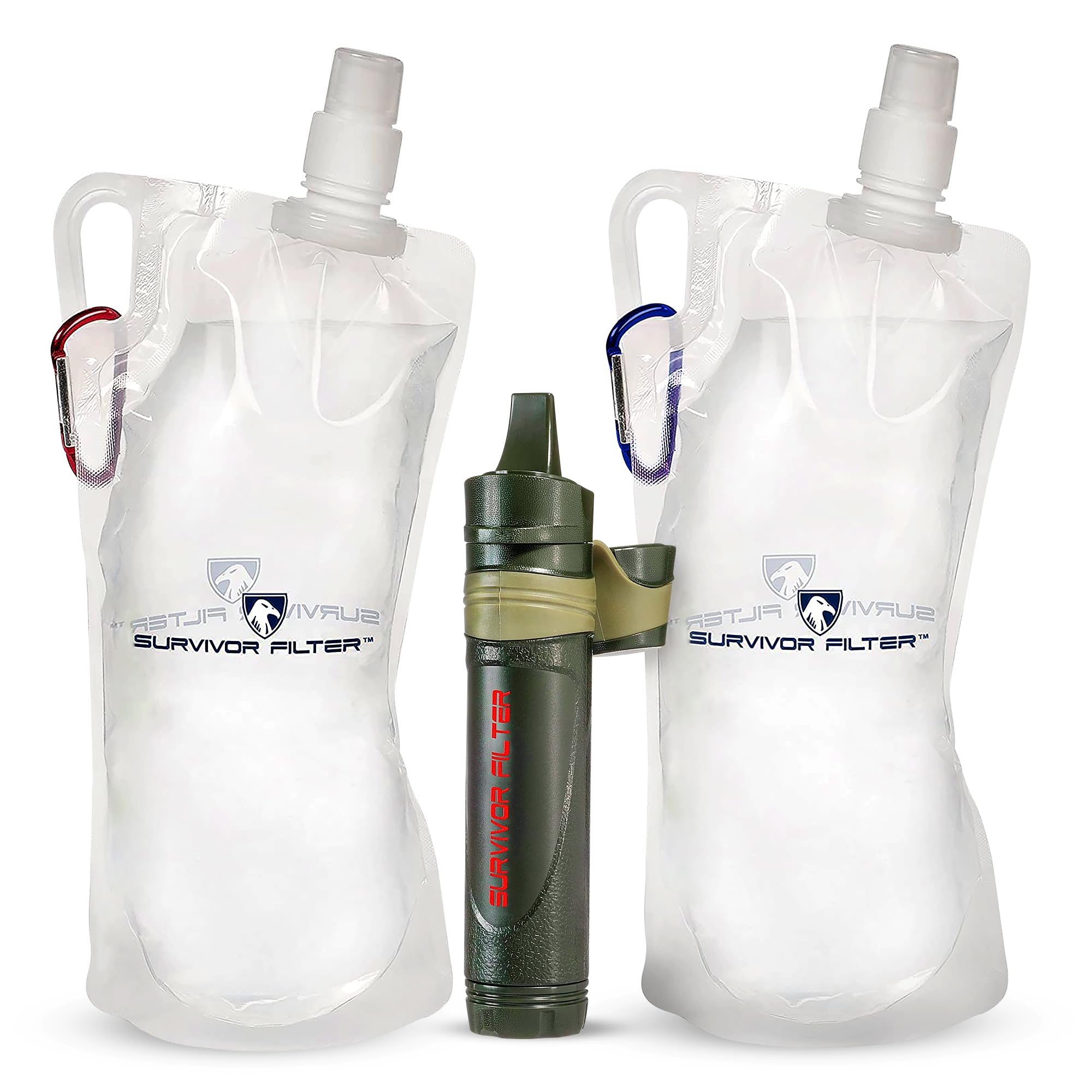 Survivor Filter Squeeze Kit – Emergency Water Straw with 2 Collapsible 33.8 fl oz Bottles – USA-Tested – 0.05 Micron Filtration – Portable Outdoor Water Filter for Camping & Hiking – No Expiration