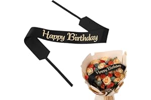 LASSOS BOUTIQUE Set of 12 Bouquet Banner Grosgrain Ribbon Tie Wrap Printed Sash Florist Bulk Supply for Floral Arrangements (Black - Happy Birthday)