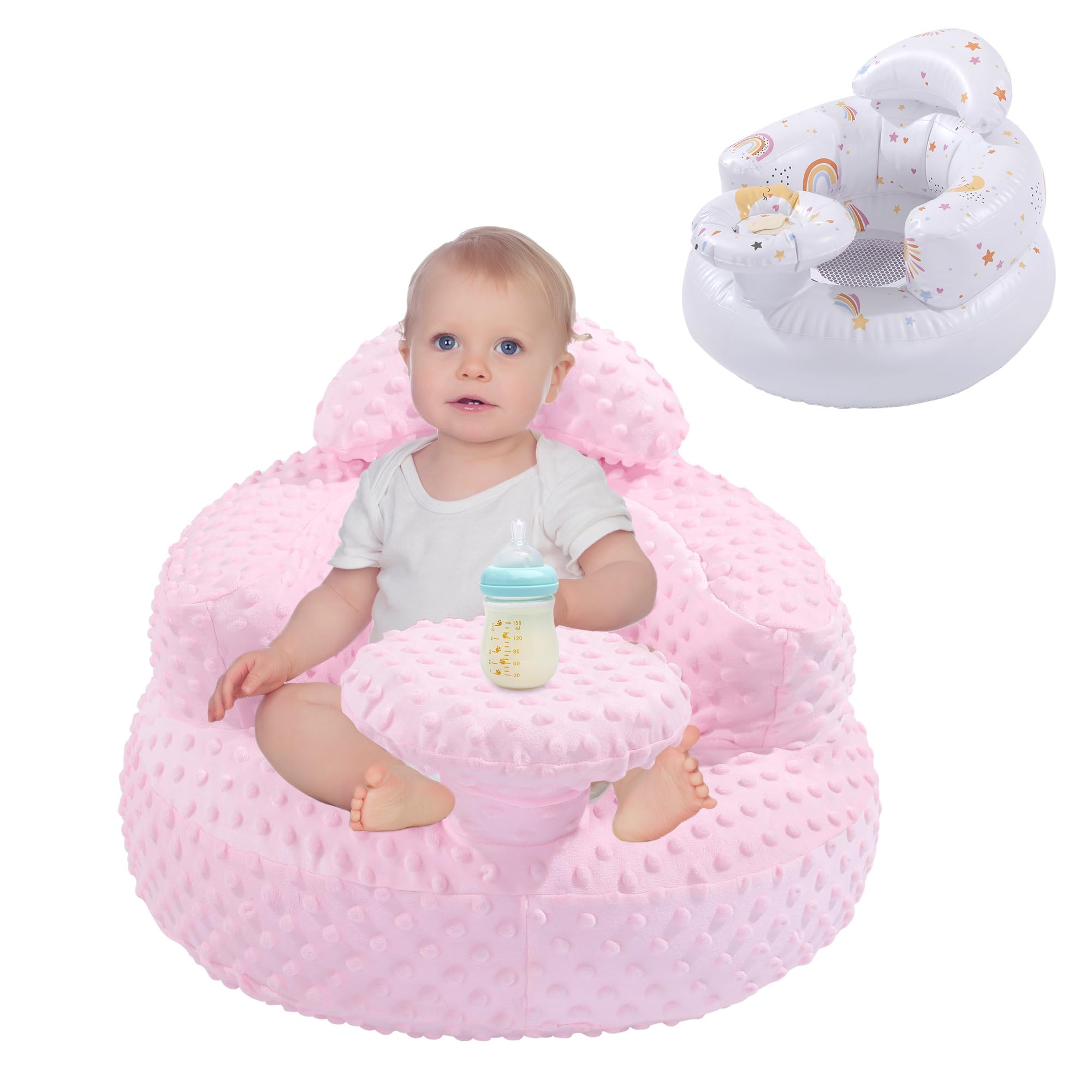 Photo 1 of BALAPET Inflatable Baby Seat with Integrated Tray and Back Support for 3-36 Months Toddler, Soft Plush Baby Chair for Sitting Up, Blow Up Baby Floor Seat with Built in Air Pump(Pink)