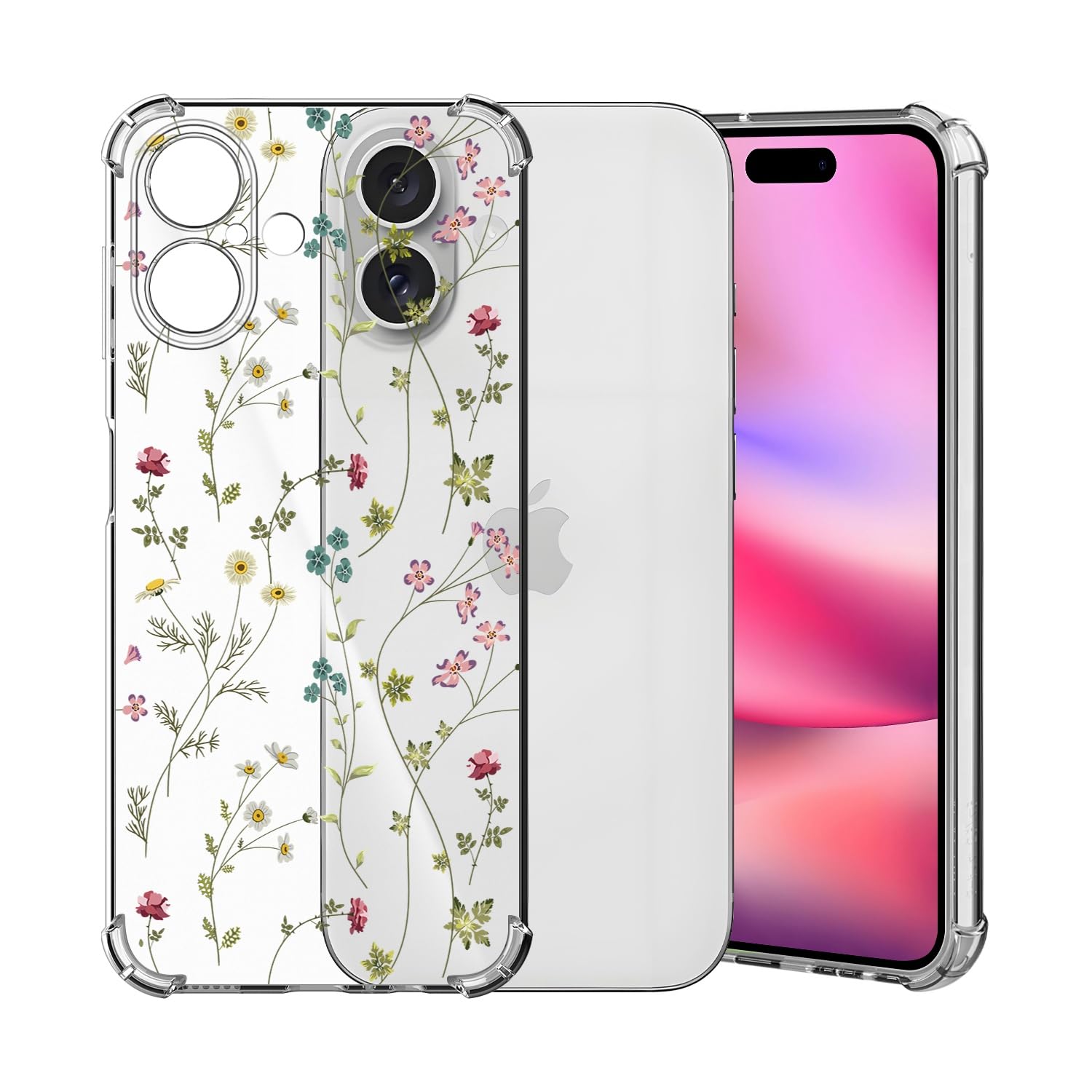 ChoosEU Clear Case for iPhone 16 Floral Pattern Print Design for Women Girls Slim Silicone Phone Case Protective Cover with Shockproof Airbag Soft TPU Flower Transparent Phone Cover - Colourful