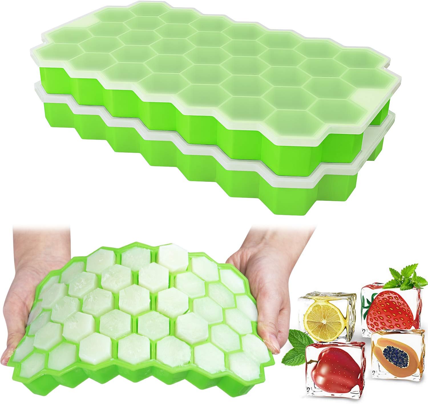 Ozera 2 Pack Silicone Ice Cube Trays with Lids for Whiskey, Cocktail, Stackable Flexible-74 Cavities, One Size, Z-Black