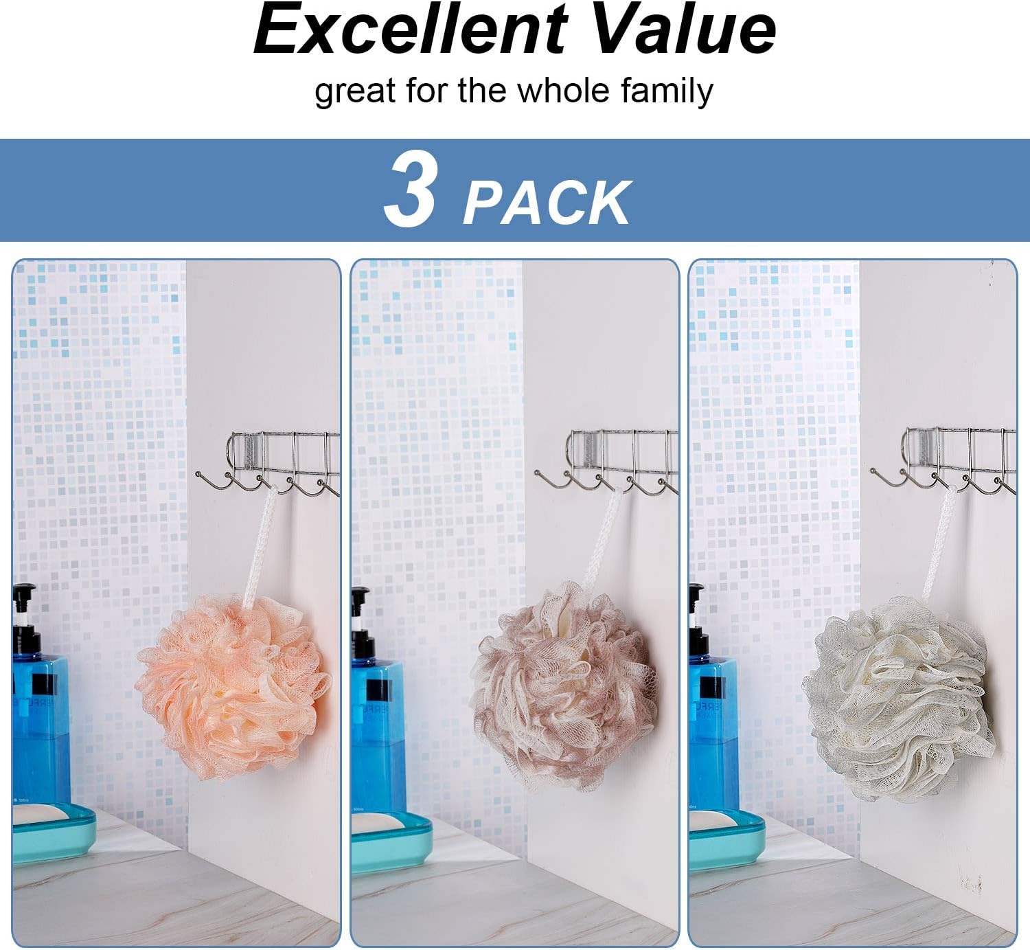 YINENN Bath Shower Sponge Loofahs XL (80g/pcs) Mesh Pouf Shower Ball, Nature Bamboo Charcoal Soft Body Scrubber Exfoliating for Silky Skin, Full Cleanse, Lather Pack of 3 Fresh Colors: Health & Personal Care