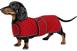 Geyecete Warm Thermal Quilted Dachshund Coat, Dog Winter Coat with Warm Fleece Lining, Outdoor Dog Apparel with Adjustable Bands for Medium, Large Dog-Red-S