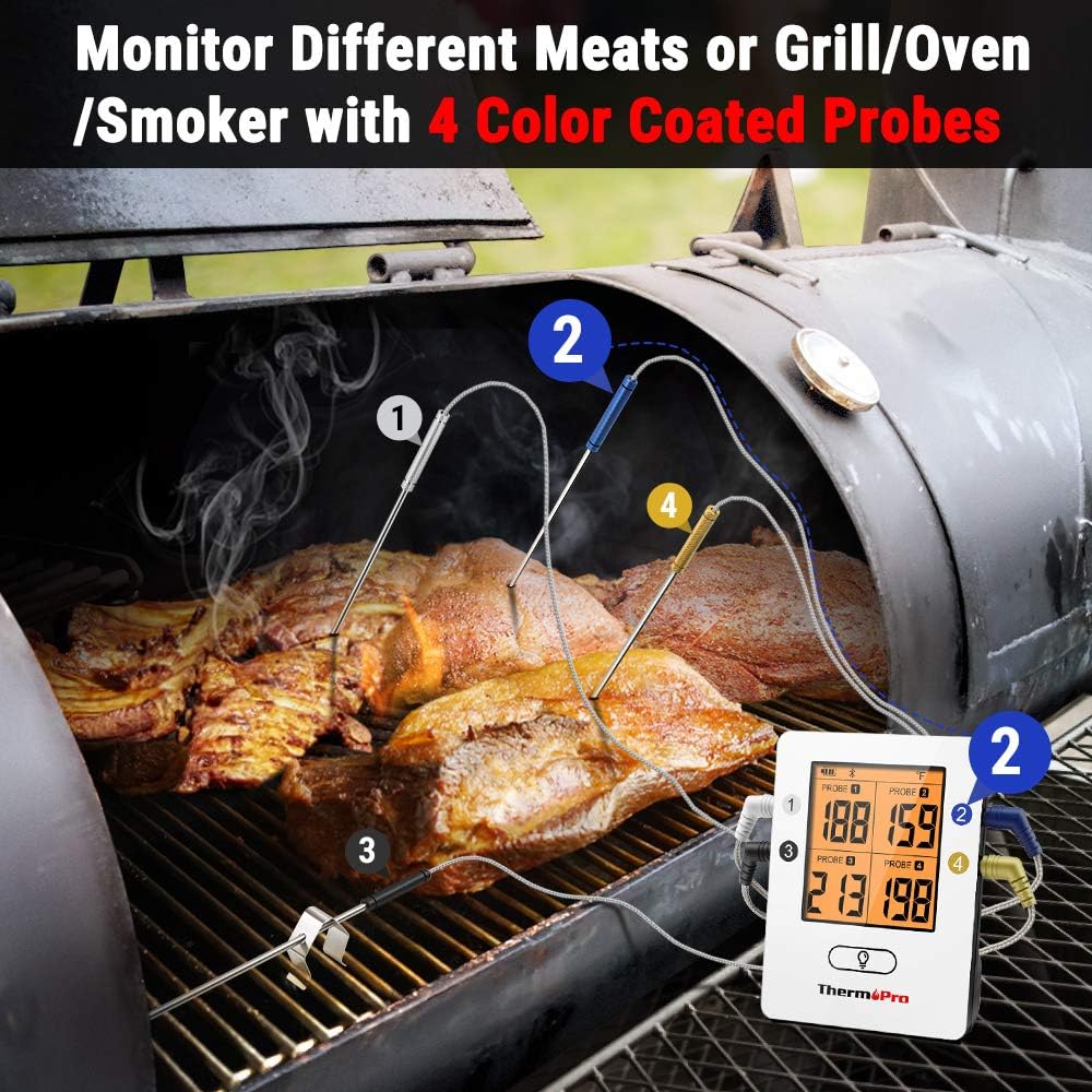 ThermoPro TP25 500ft Wireless Bluetooth Meat Thermometer with 4 Temperature Probes Smart Digital Cooking BBQ Thermometer for Grilling Oven Food Smoker Thermometer, Rechargeable: Kitchen & Dining