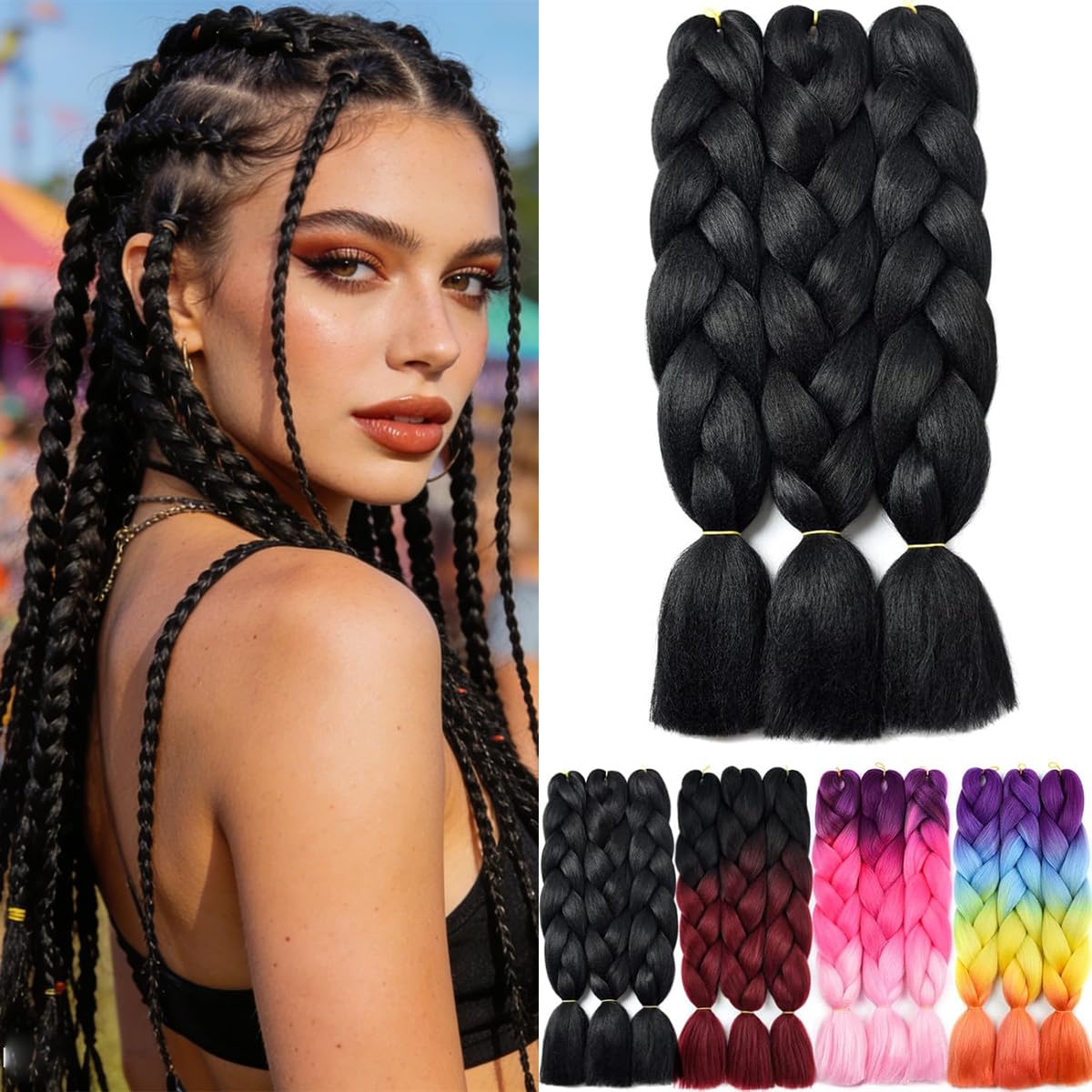 Yamel Braiding Hair Extensions Natural Black 24 Inch 3 Packs Synthetic Jumbo Braids for Crochet Twist Box Braid โ image 1