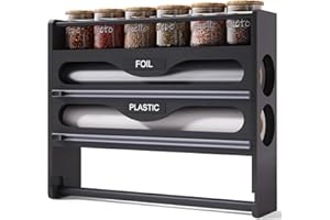 Danfoxer Wrap Dispenser with Cutter and Labels,4-in-1 Wall Mounted Bamboo Plastic Wrap Organizer with Spice shelf and Paper Towel Holder for Aluminum Foil,Cling Wrap,Wax,Parchment,Zipper Bags（Black）