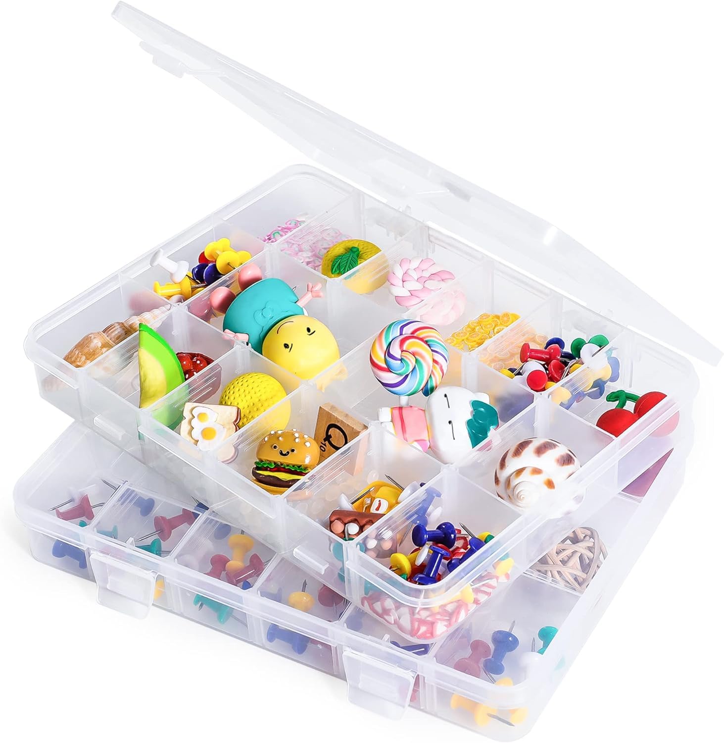 LAifu Snack Box With Compartments, 2 PCS Snackle Box Trays with 18 Removable Grids Compartments, Clear Multi Stackable Plastic Organizer Container for Snack, Fruits, Pills, Beads, Bolts and Nuts