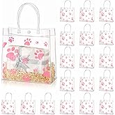 Teling 20 Packs Dog Paw Clear PVC Gift Bags with Handle Reusable Plastic Wrap Tote Bags Transparent for Puppy Pet Treat Party Favor Birthday Wedding Party, 8 x 8 x 3.15 Inch(Pink)