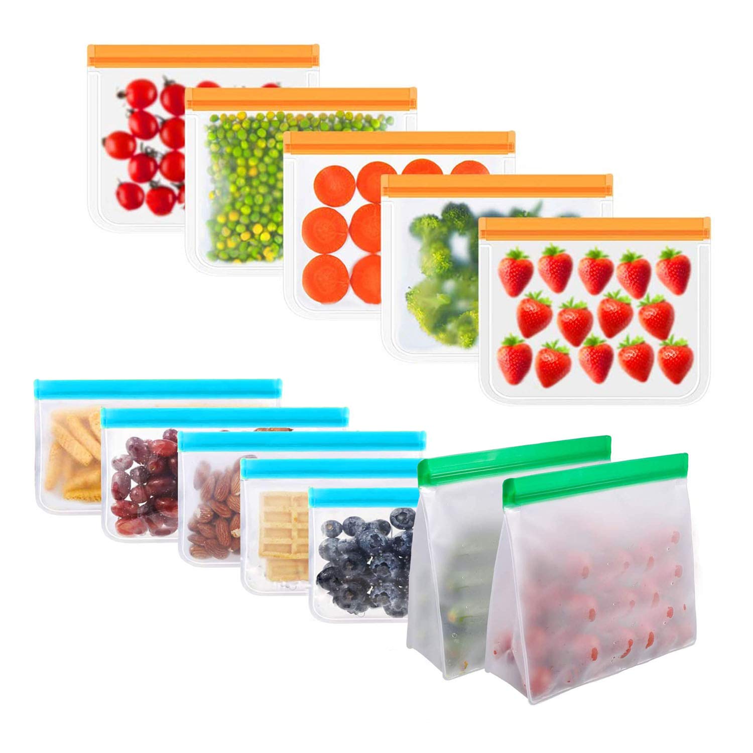 12 Pack Reusable Sandwich Bags Silicone Eco Friendly Ziplock Freezer Bags, Leakproof BPA-Free Food Storage Bags with Large/Medium/Small Size for Bread, Soup, Fresh, Snacks, Fruit, Meat, Travel