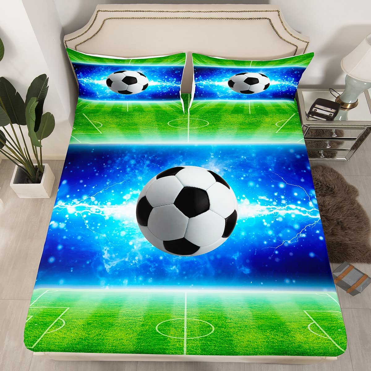 Football Kids Fitted Sheet Double Size, American Soccer Bed Cover with 2 Pillowcases, Sports Gaming Theme Bedding Set 3pcs for Boy Girls Teens Room Decor, Soft Polyester Bedding