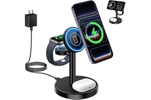 Aeinidi 2025 3 in 1 Wireless Charging Station Compatible with MagSafe, 15W Fast Magnetic Mag-Safe Charger Stand for Apple iPhone 17 16 15 14 13 12 Series iWatch AirPods Pro 4 3 2, Black