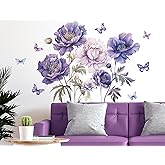 Buiory 3D Large Purple Flowers Butterflies Leaf Wall Stickers - Removable Peel and Stick Watercolor Flower Decals - DIY Butterfly Art Decor for Girls Living Room Nursery Sofa