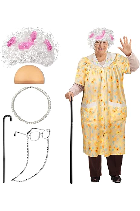 Grandma Costume Set Old Lady Costume Set - Grandma Wig, Granny Glasses,  Pearl Necklace & Inflatable Cane For Halloween & Theater Halloween Theatre  Costume Set