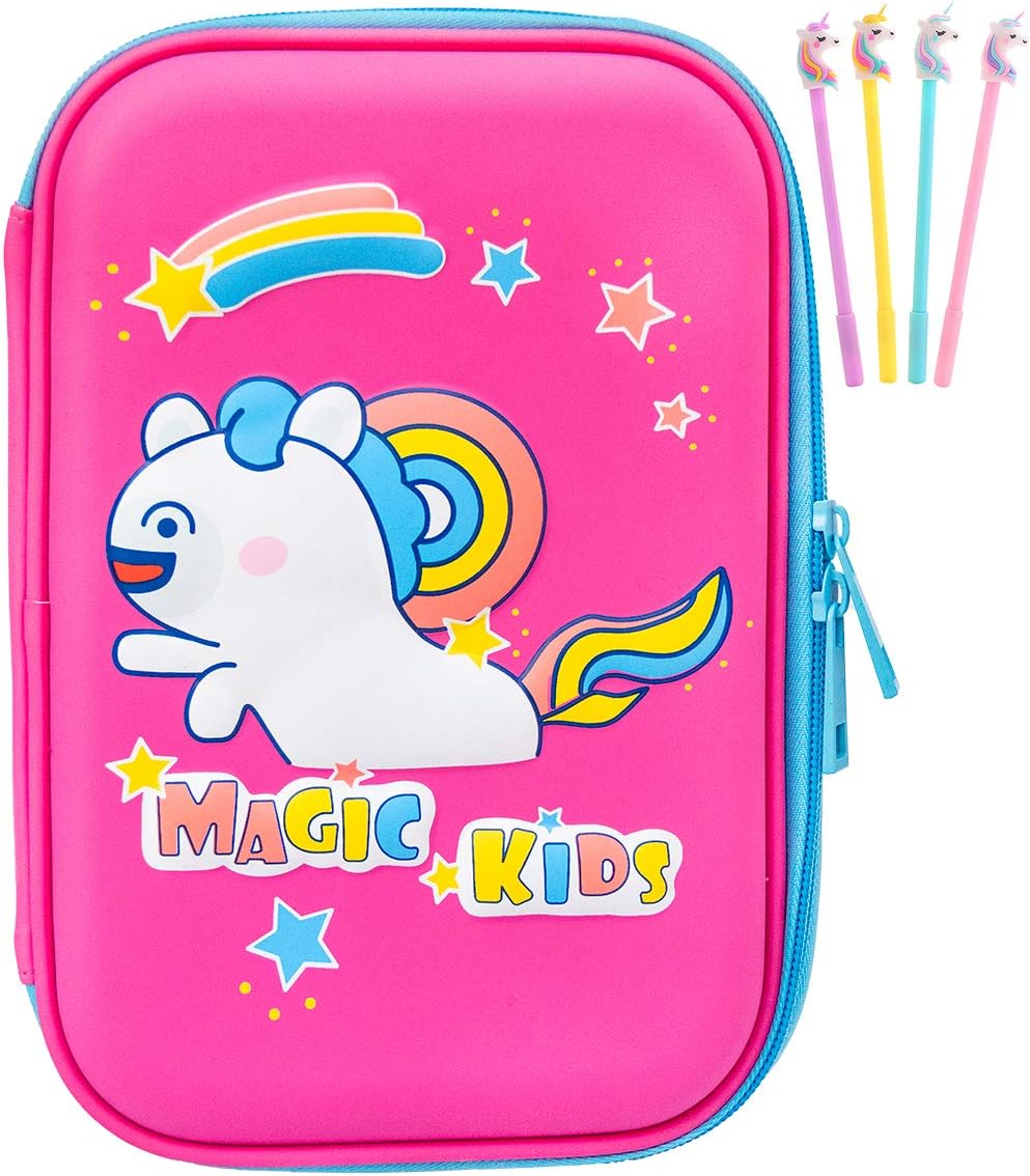 Pencil Case, Cute Unicorn EVA Pen Pouch Stationery Box Anti-Shock Large Capacity Multi-Compartment for School Students Teens (unicorn2 Pink)