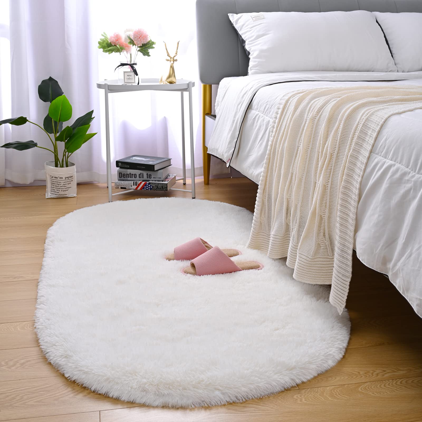 Photo 1 of Merelax Soft Shaggy Rug for Kids Bedroom, Oval 2.6'x5.3' Cream Plush Fluffy Carpets for Living Room, Furry Carpet for Teen Girls Room, Anti-Skid Fuzzy Comfy Rug for Nursery Decor Cute Baby Play Mat