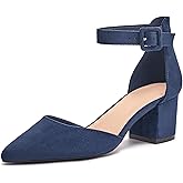 LAICIGO Women's Pointed Toe Pumps Ankle Strap Buckle Chunky Block Heel Dress D'Orsay Shoes