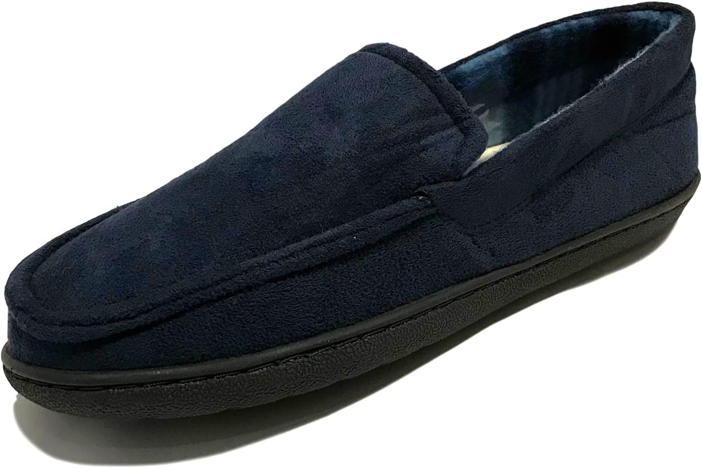 Comfootwear Mens Gents Faux Suede Leather Casual Navy Moccasin Slippers with Warm Comfortable Lining and Non Slip Hard Sole Size 6 7 8 9 10 11
