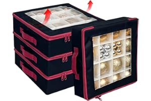 VERONLY Christmas Ornaments Storage Box with Dividers - 4 Pcs Collapsible Xmas Decorations Ball Organizer with 2 Handles, Lids and Stackable for Holiday (Black)
