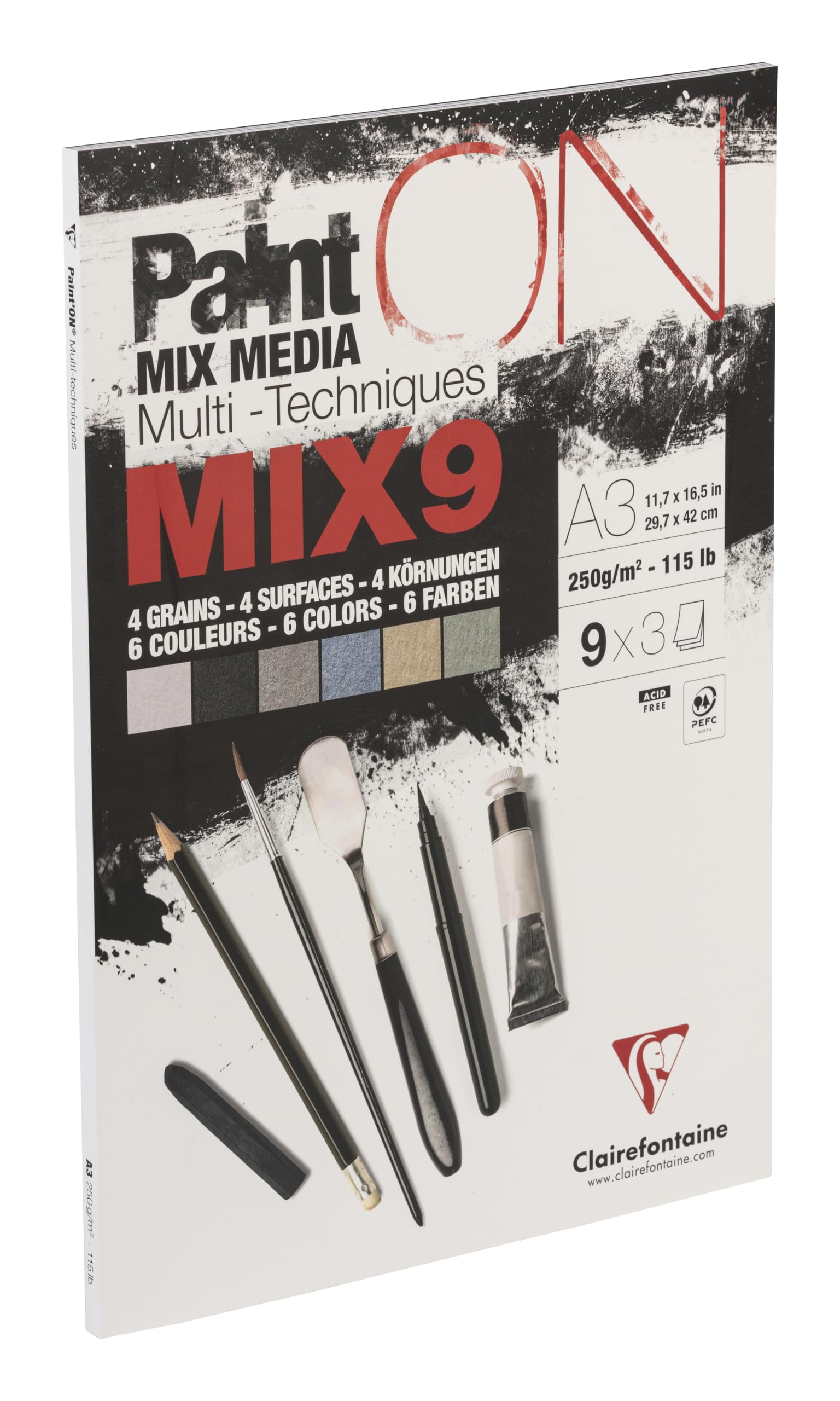Clairefontaine 960078C - PaintON MIX9 Multi-Technique Glued Pad - 27 Sheets of Multi-Technique Drawing Paper - Assorted 9 Papers x3 Sheets - A3 29.7x42 cm 250g — image 1