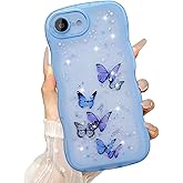 UEEBAI Wave Butterfly Case for iPhone 16e Case, Pretty Bling Star Butterfly for Women Cute Shiny Glitter Phone Cover for Girls Bling Clear Cover Curly Shockproof Girly Shell - Blue