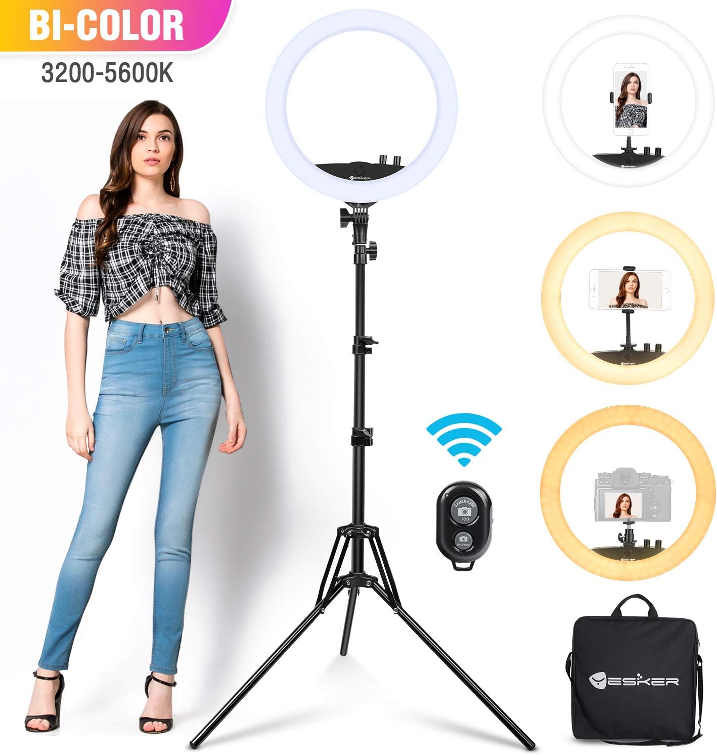 Ring Light with Tripod Stand Yesker 14 Inch LED Ringlight Kit with Phone Holder Adjustable Color Temperature Tiktok Circle Lighting for iPhone Camera for Vlog, Makeup, YouTube, Video Shooting : Camera & Photo