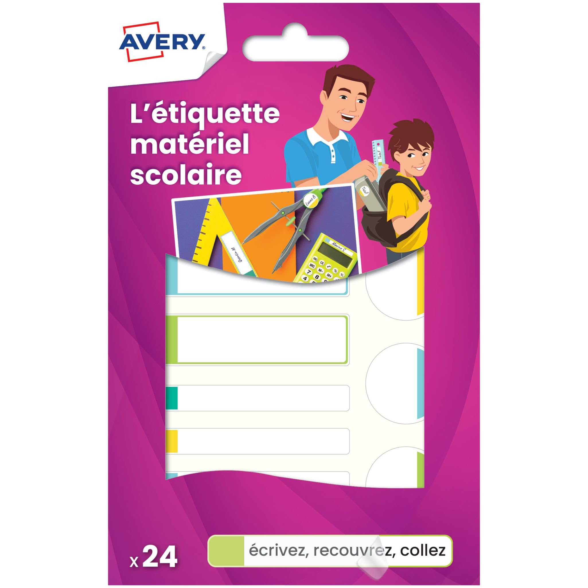 Avery Pack of 24 Laminated Labels Blanc avec Bordure Vert/Bleu/Jaune/Rouge