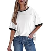 Dokotoo Summer Tops for Women 2026 Loose Oversized T Shirts Crewneck Color Block Side Slits Basic Tee Blouses