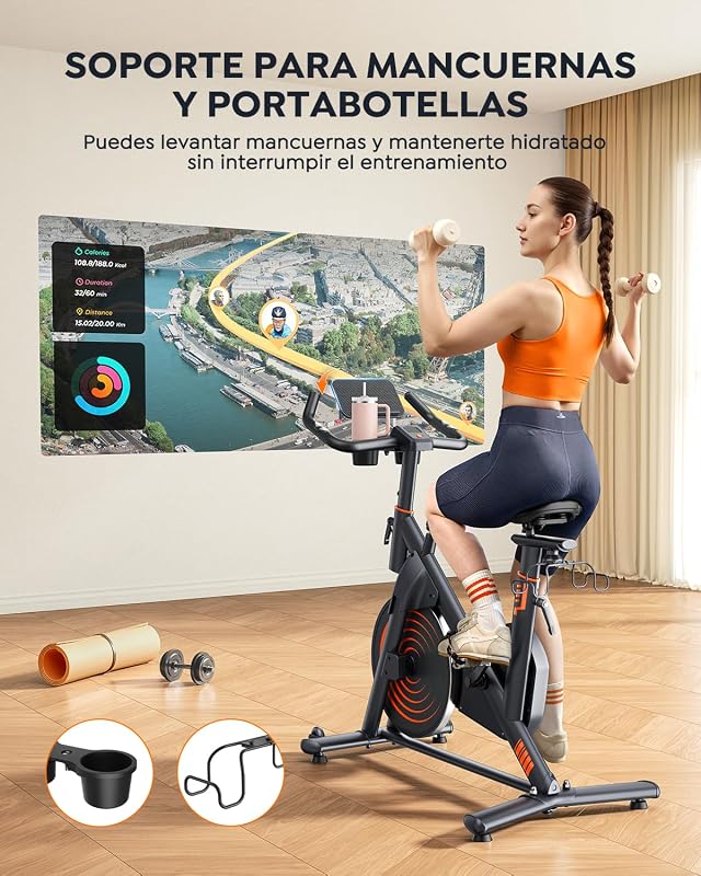 Bicicleta Estática para Casa con APP, Bicicleta estatica Silenciosa con Resistencia Magnética 0-100%, Pantalla LCD, Soporte para Mancuernas y Portavasos, Volante 15 KG, MAX 160KG verde