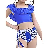 Jxstar Swimsuits for Girls 2 Piece Ruffles Neck Bikini Summer Bathing Suit with Printed Swim Shorts and Chest Pad