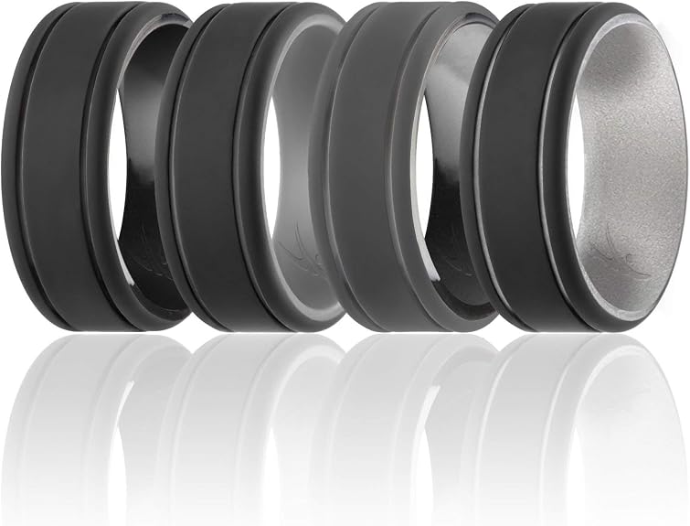 ROQ Silicone Wedding Ring For Men – Grey, Size 12, Medical Grade, 8mm Wide Step Edge Band