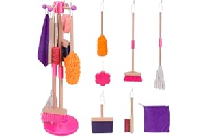MASTERTOP Kids Cleaning Set 8 Piece, Detachable Toys for Toddlers, Broom Dustpan Mop Brush Duster Rag Sponge and Hanging Stand, Pretend Play Household Tools Gifts for Age 3-8