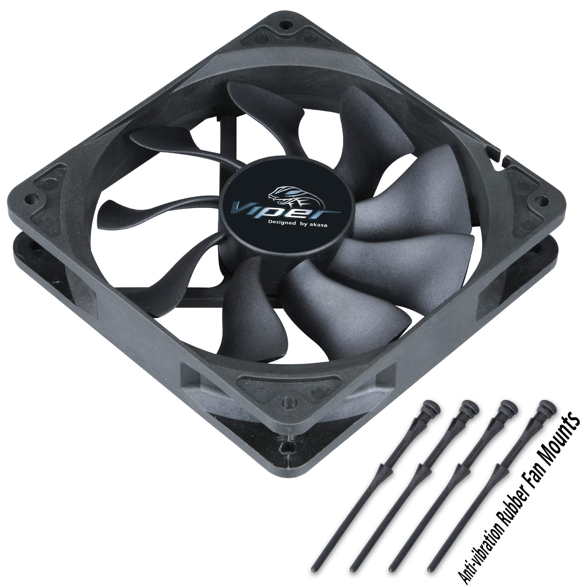 Akasa 120mm Viper Black Fan, PWM Case Fan, HDB Long Lifespan Bearing, Anti-Vibration Rubber Mounts Included, High Airflow S-FLOW Fan for Heatsink, CPU cooling and Ventilation, AK-FN065