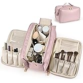 Travel Makeup Bag Women's Large Capacity Cosmetic Portable Organizer Large Opening Waterproof Storage Toiletry Bags Vertical Free-Standing Brush Holder for Easy Access Pink