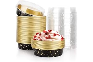 Beasea Mini Aluminum Pie Pans, 4 Inch 50 Pack Mini Pie Tins with Lids, 8 Oz Aluminum Pie Pan Disposable Black Gold Cartoon Tin Tart Pans Round Oven Baking Mini Cake Pan for Pie Tart Quiche