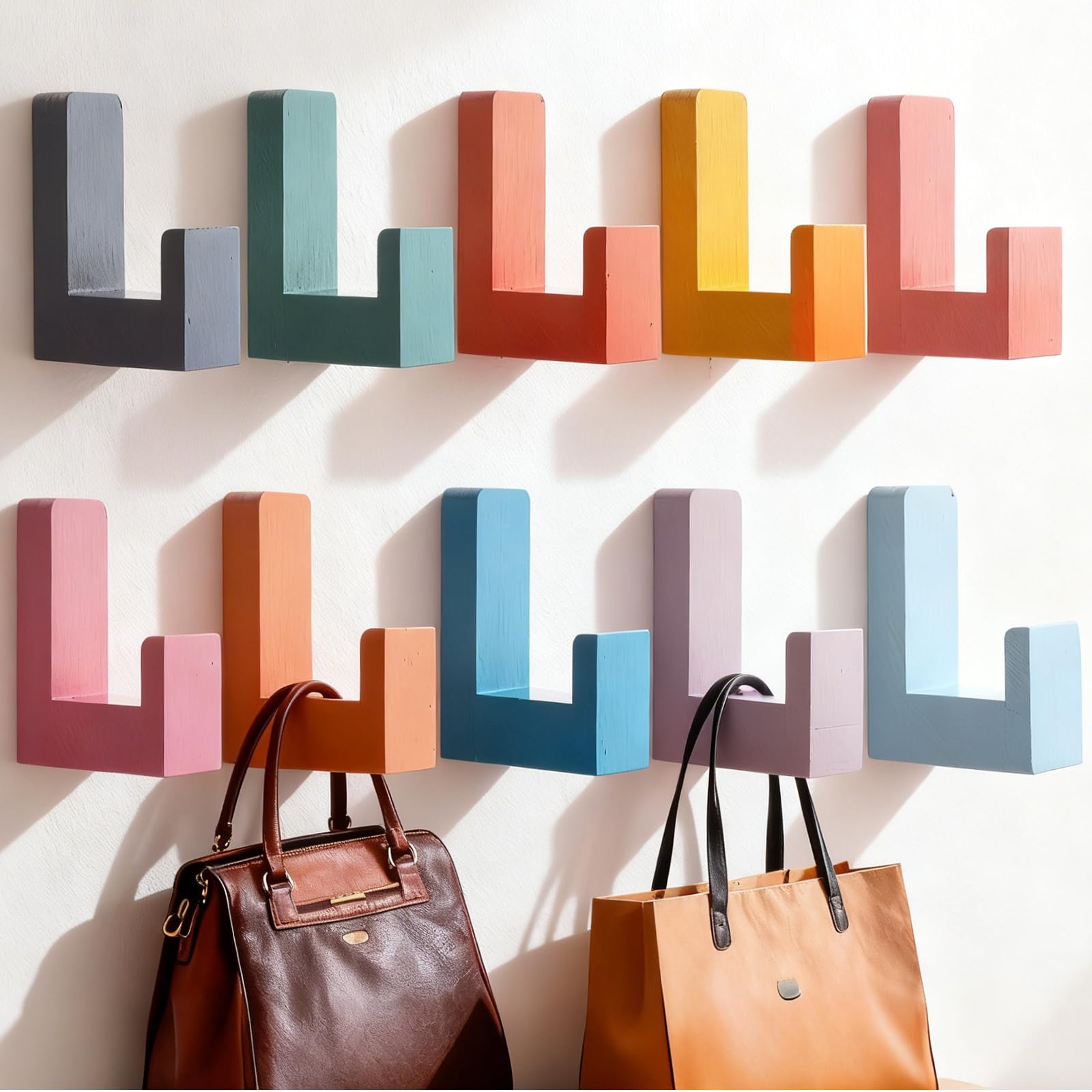 Photo 1 of 10 Pack Colorful Coat Wall Hooks Cute Kids Backpack Adhesive Hooks Wooden Coat Rack Wall Mount Hippie Color Hook for School Office Hanging Bags Posters Key Towels Entryways Bathrooms Door Decor