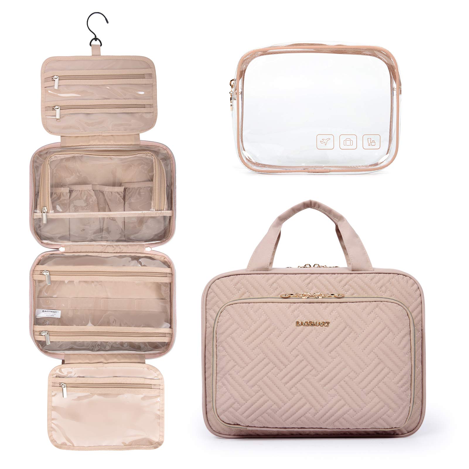 BAGSMART Toiletry Bag Hanging Travel Makeup Organizer with TSA Approved Transparent Cosmetic Bag Makeup Bag for Full Sized Toiletries, Large-Pink