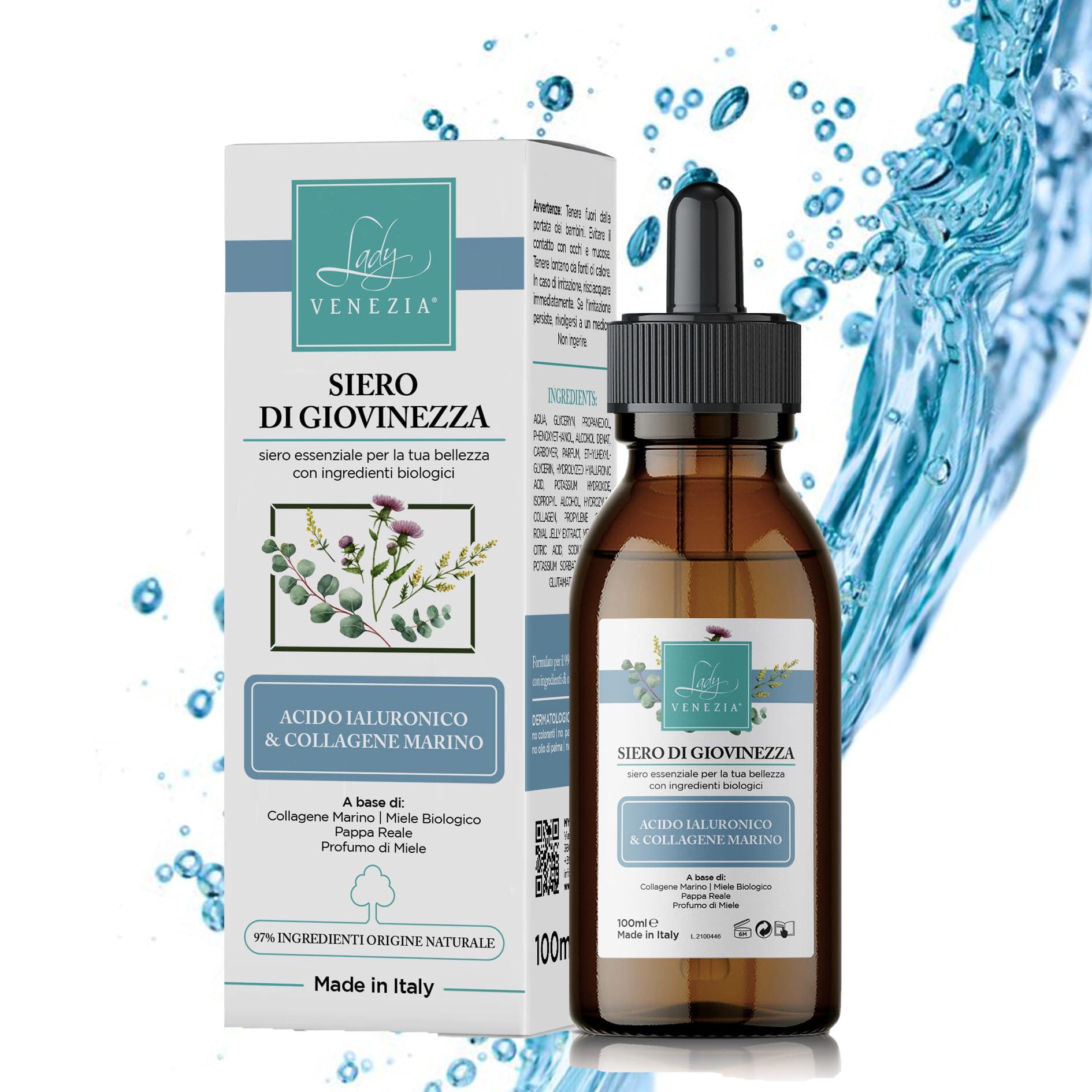 Hyaluronic Acid Face Serum with Marine Collagen I Anti-Aging & Hydrating Formula for Smooth, Radiant Skin I 100 ml – 3.38 fl oz I Made in Italy – Lady Venezia