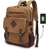 Modoker Eco-Friendly Canvas Backpack for Men Women, Vintage Rucksack Fits Most 15.6 Inch Laptop, Bookbag with USB Charging Port, Brown