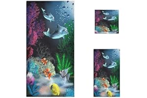 Naanle Beautiful Underwater Coral Dolphins Soft Luxury Decorative Set of 3 Towels, 1 Bath Towel+1 Hand Towel+1 Washcloth, Multipurpose for Bathroom, Hotel, Gym, Spa and Beach