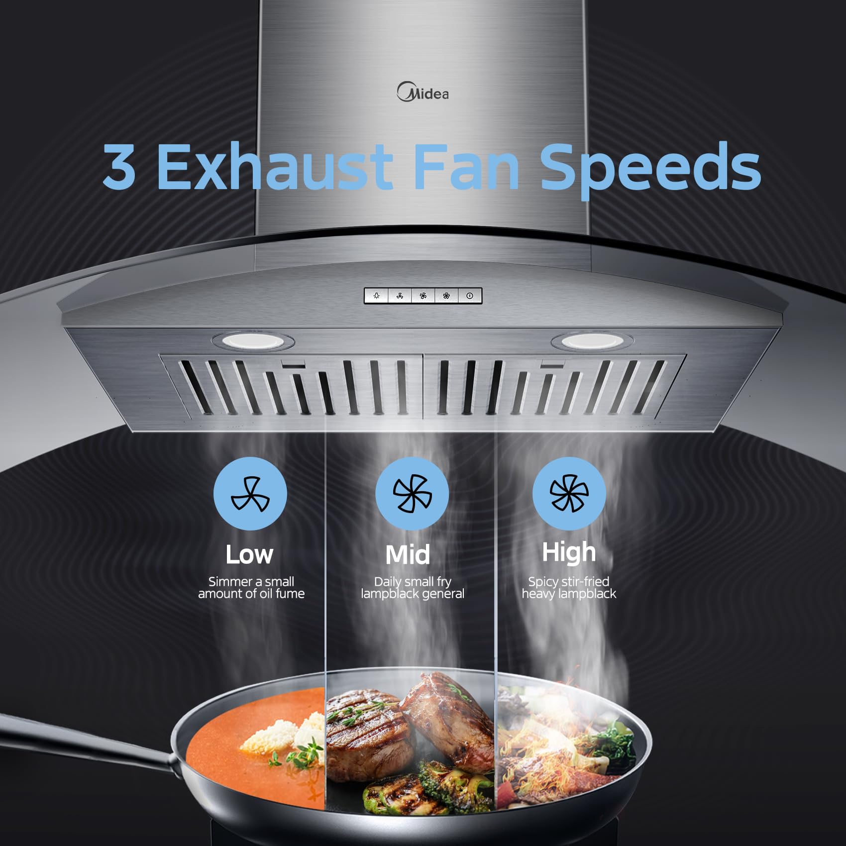 Midea Range Hood 30 Inches Ducted Wall Mount Vent Range Hood with 450 CFM 3 Speed Exhaust Fan, Baffle Filters, Curved Glass, 2 LED Lights, Convertible to Ductless, Stainless Steel