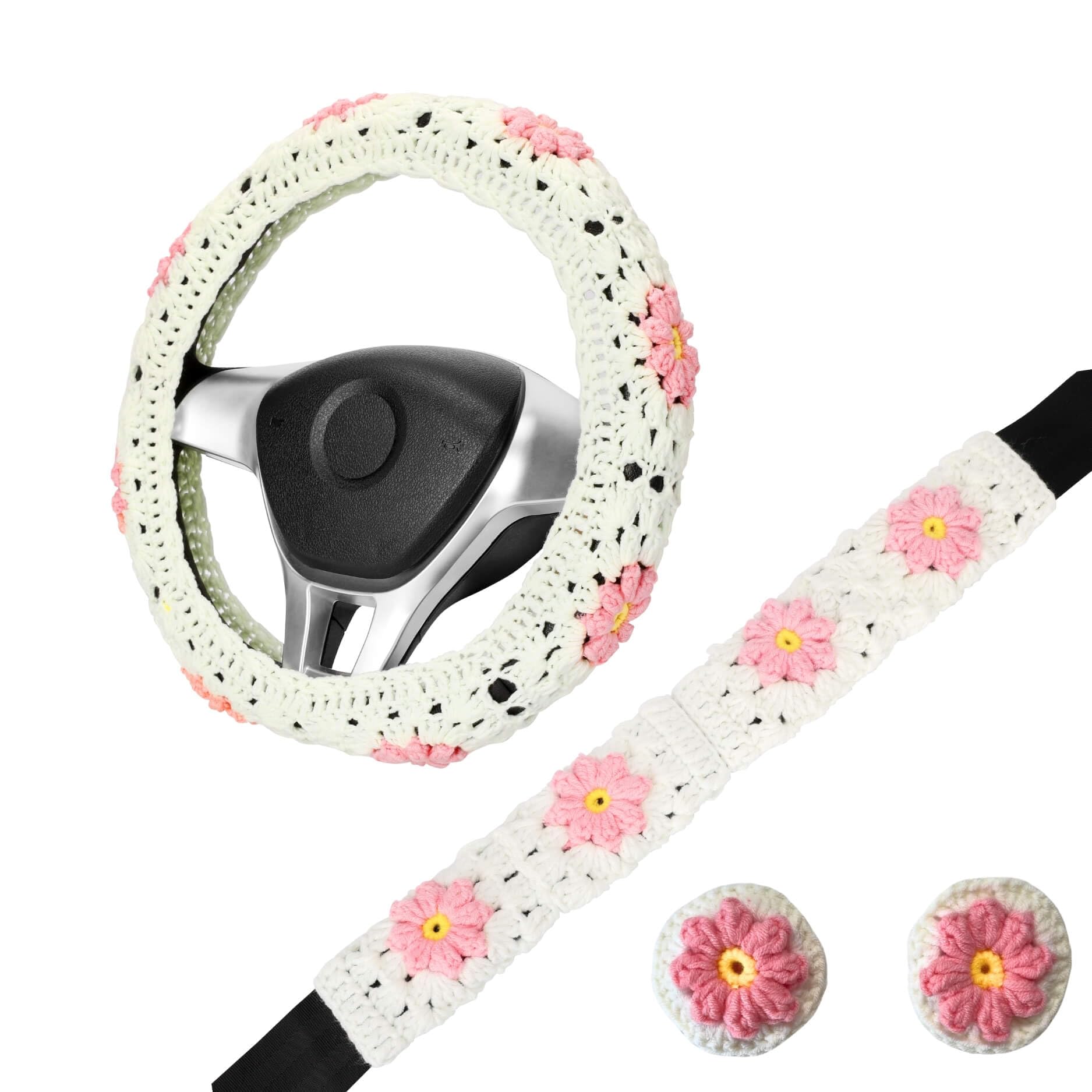 Photo 1 of 14-15'' Crochet Steering Wheel Cover Set,Vintage Handmade Daisy Granny Square Seat Belt Cover, Boho Car Interior Accessories Decoration for Women HZYZW (HZYZW43, Wheel Cover Set)